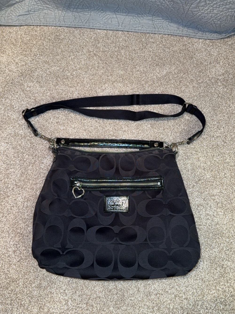 Coach Black Signature Jacquard Crossbody with Heart Charm
